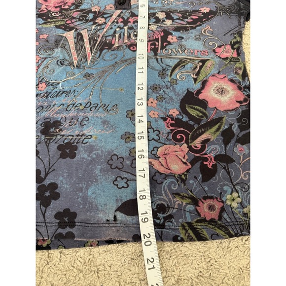 Womens Y2K Wild Flowers Butterfly Graphic Baby Tee Rhinestone Henley 2000s M - Picture 7 of 8